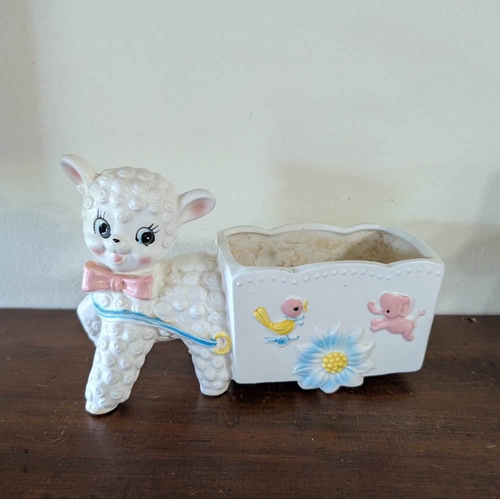 Vintage Lamb Pulling Cart Flower Planter Inarco Japan Cottagecore Bird Floral
